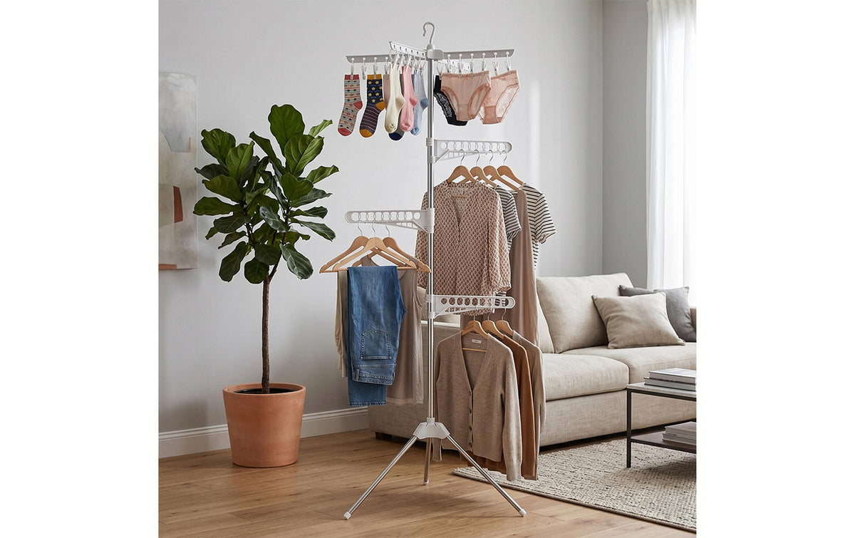 Relaxdays Wäscheständer – Leinenlänge 1100 cm – Edelstahl, Kunststoff – Weiss, Silber – 1 Stk.