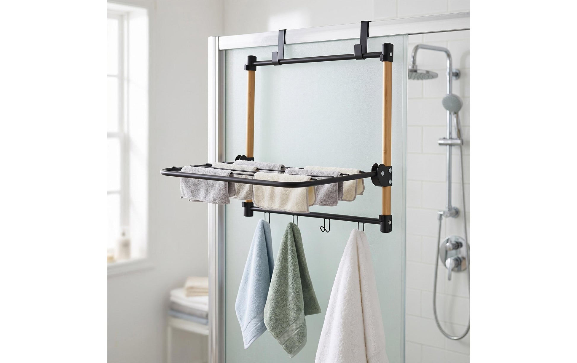 Relaxdays Tür-Trocknergestell – 1,7 m Leinenlänge – Stahl, Bambus, Kunststoff, Braun/Schwarz – 45 × 30 × 40 cm