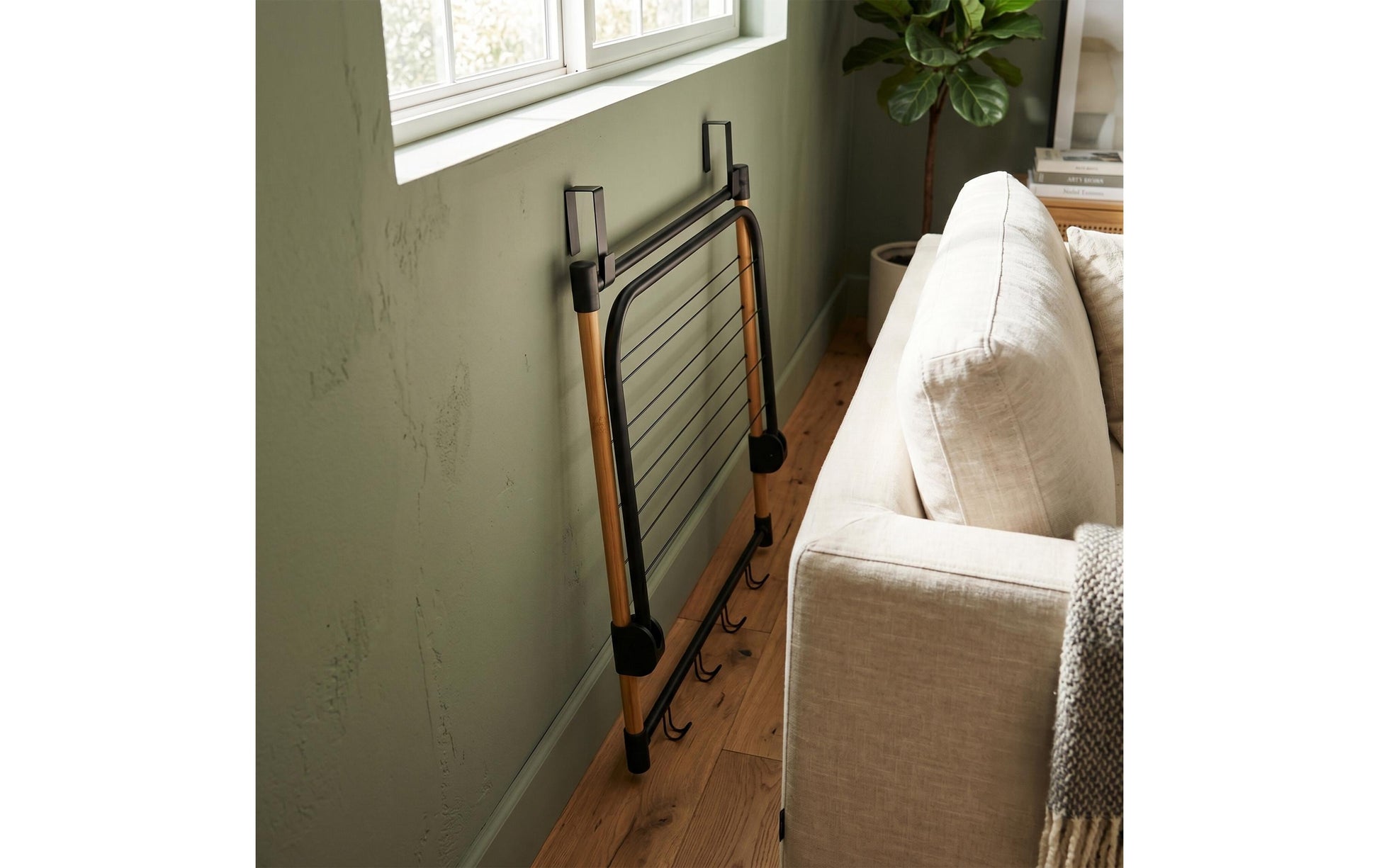 Relaxdays Tür-Trocknergestell – 1,7 m Leinenlänge – Stahl, Bambus, Kunststoff, Braun/Schwarz – 45 × 30 × 40 cm
