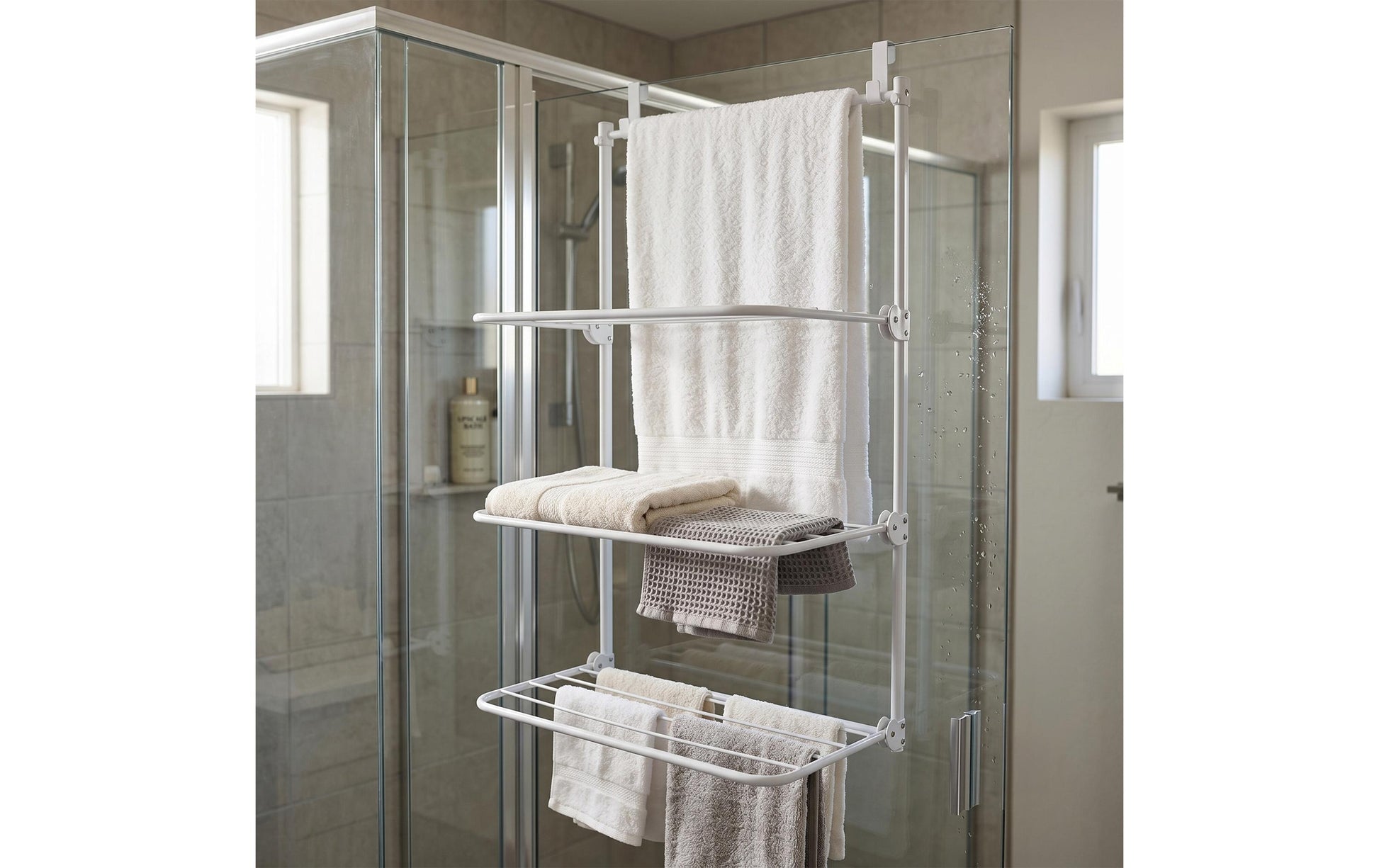 Relaxdays Tür-Wäscheständer 6700 mm Leinenlänge – Stahl/Kunststoff – Weiss – 580 × 930 × 300 mm