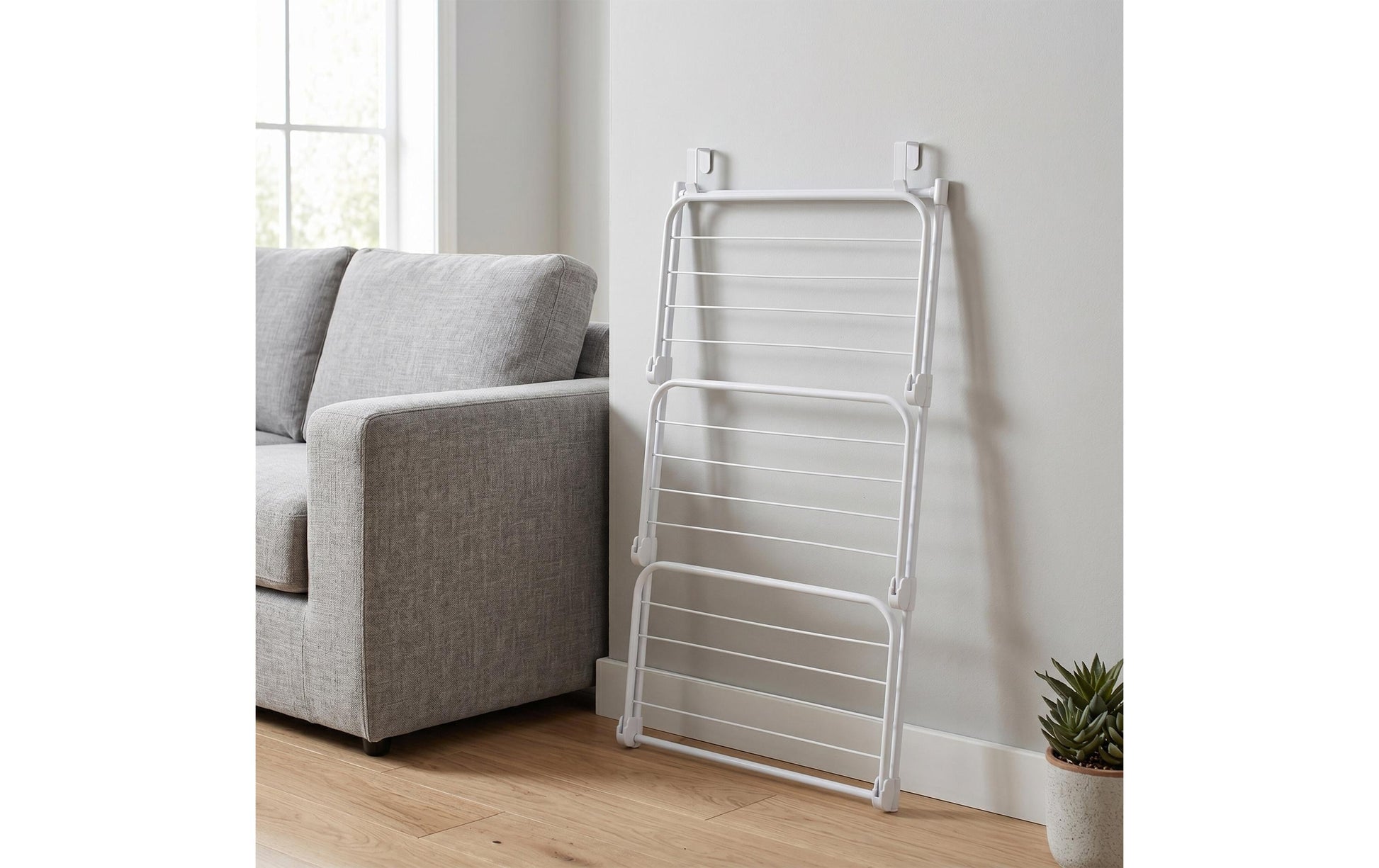 Relaxdays Tür-Wäscheständer 6700 mm Leinenlänge – Stahl/Kunststoff – Weiss – 580 × 930 × 300 mm