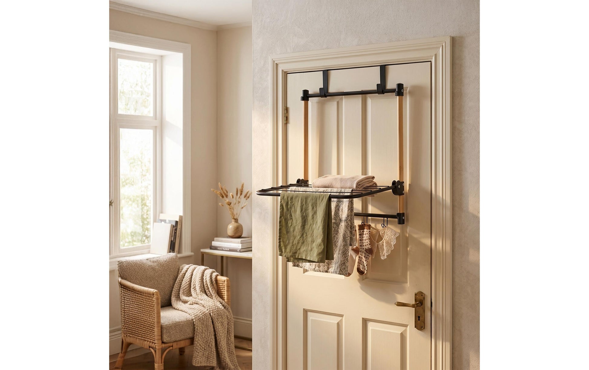 Relaxdays Tür-Trocknergestell – 1,7 m Leinenlänge – Stahl, Bambus, Kunststoff, Braun/Schwarz – 45 × 30 × 40 cm