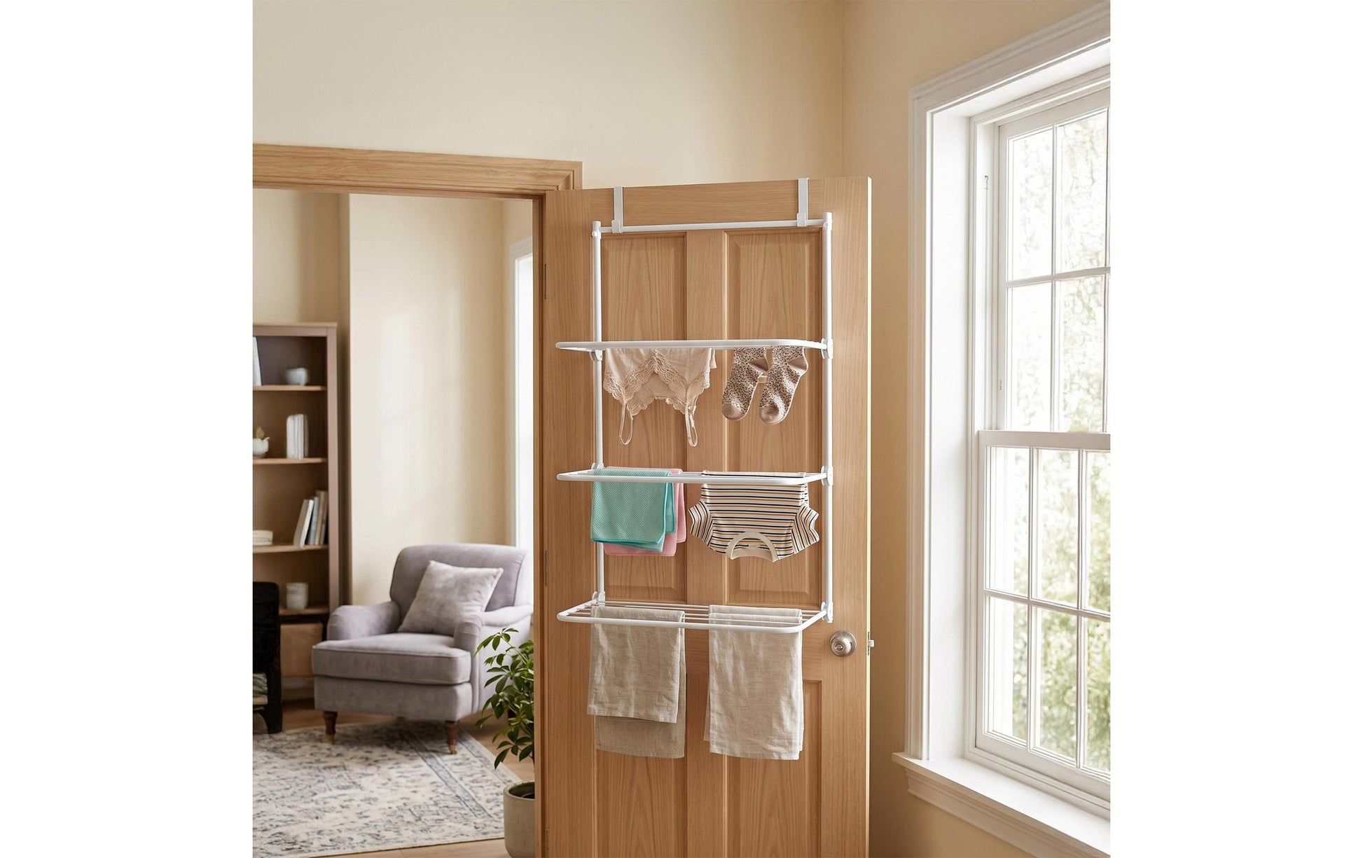 Relaxdays Tür-Wäscheständer 6700 mm Leinenlänge – Stahl/Kunststoff – Weiss – 580 × 930 × 300 mm