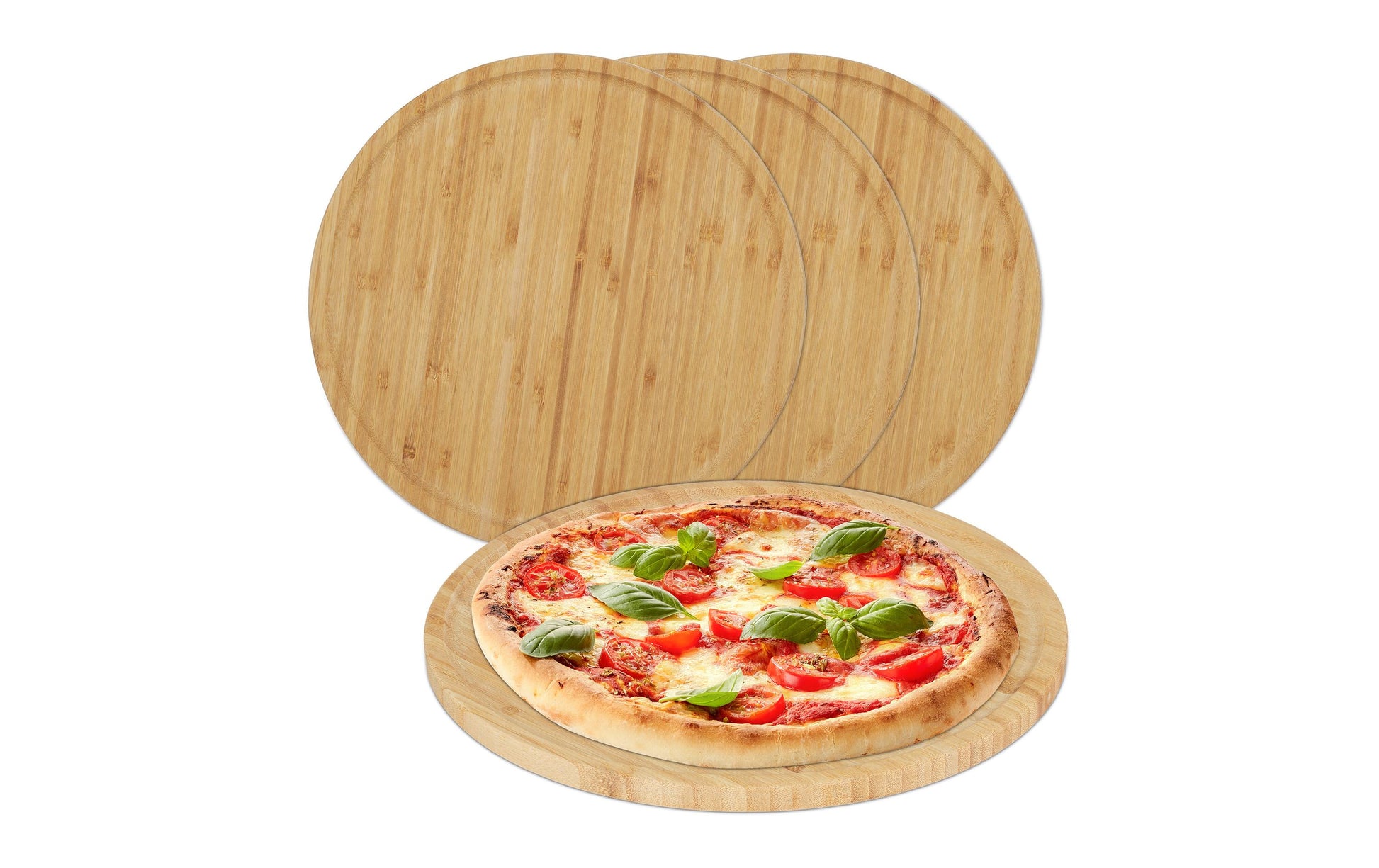 Relaxdays Pizzateller – 4er Set, Ø 32 cm, Bambus, Hellbraun