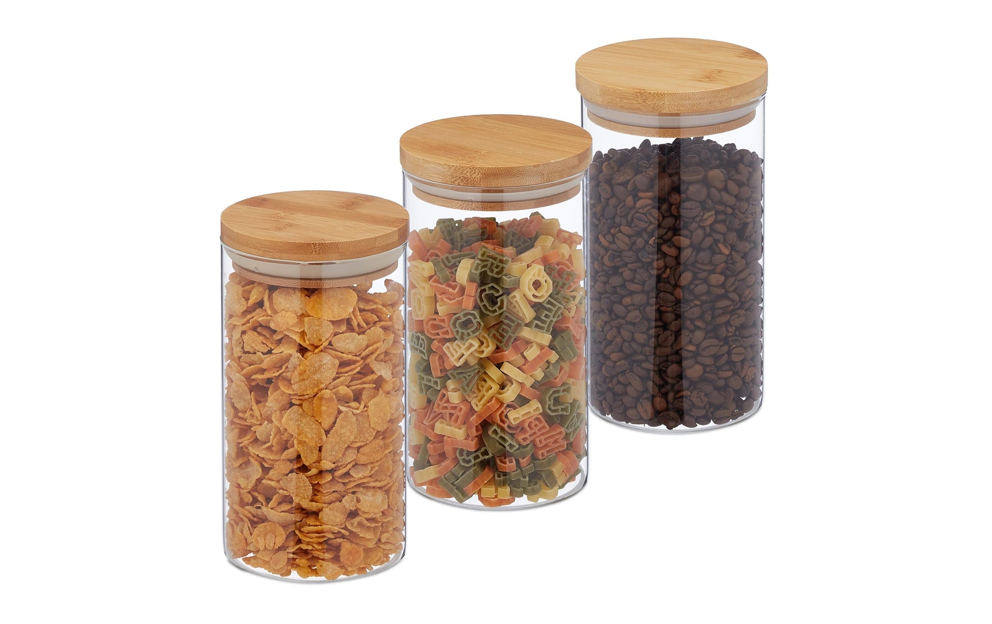 Relaxdays Vorratsdose 1 l, Ø 10 × 18 cm, Glas/Bambus/Silikon, 3er-Set, Transparent