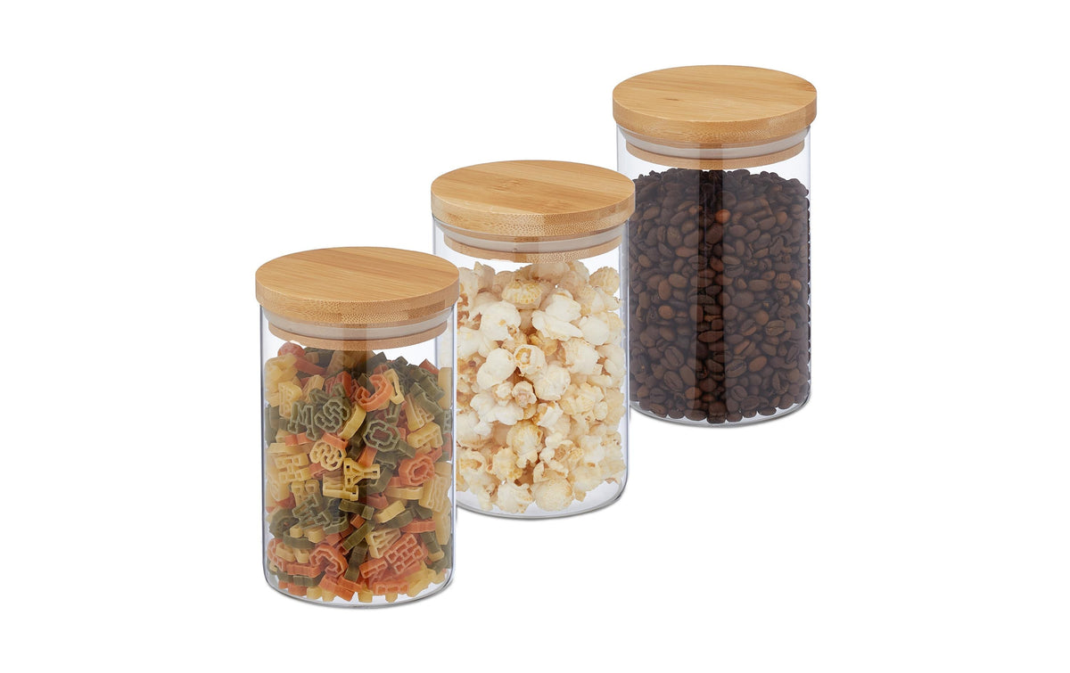 Relaxdays Vorratsdose 800 ml, Ø 10 × 15 cm, Glas/Bambus/Silikon, 3er-Set, Transparent/Hellbraun
