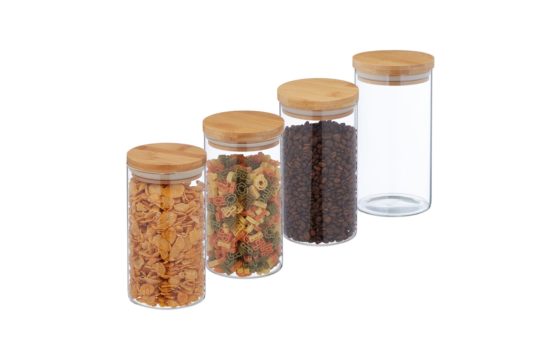 Relaxdays Vorratsdose 1 l, Ø 10 × 18 cm, Glas/Bambus/Silikon, 4er-Set, Transparent/Beige
