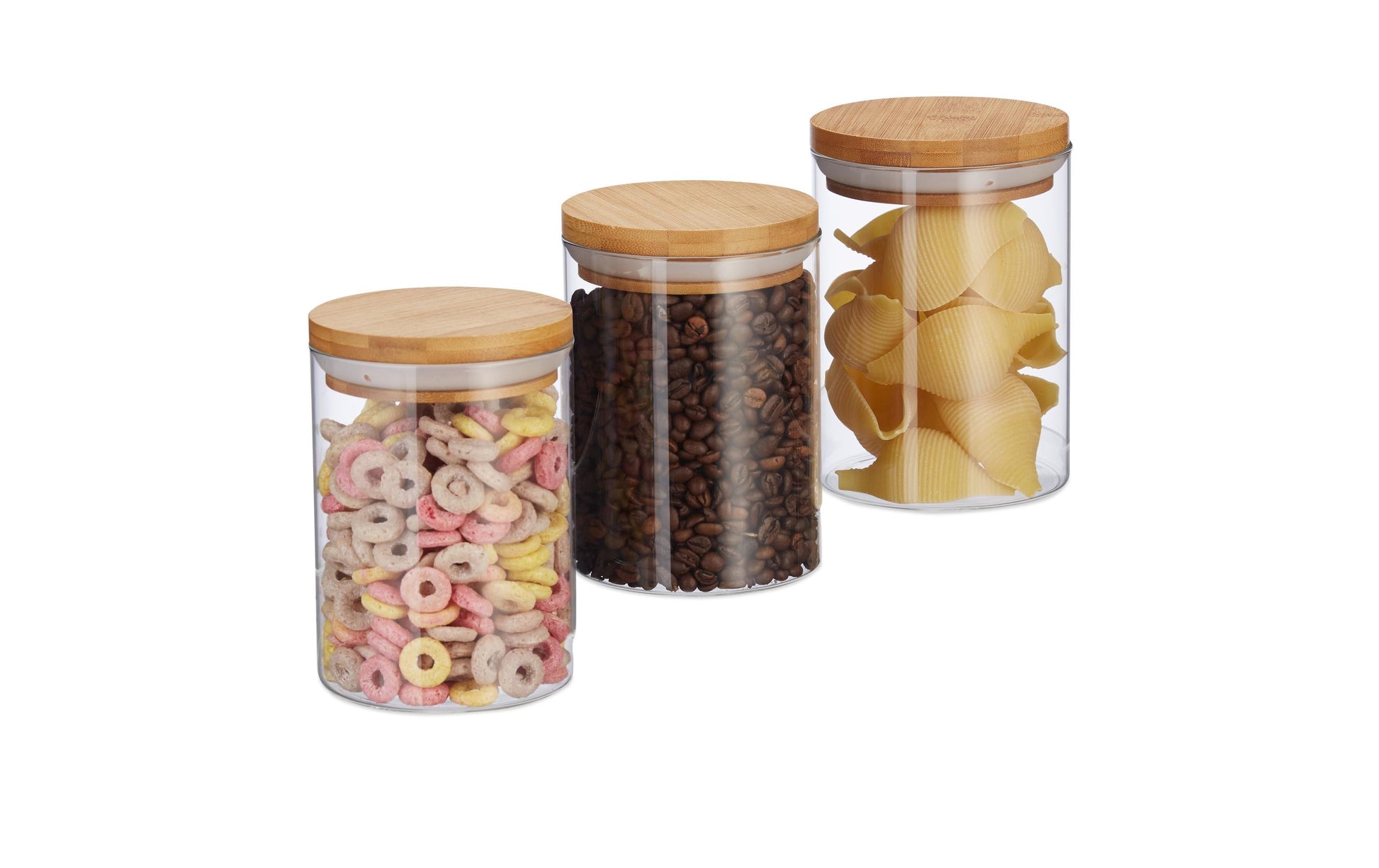 Relaxdays Vorratsdose 600 ml, Ø 9,5 × 14 cm, Glas/Bambus/Silikon, Transparent/Hellbraun, 3er-Set