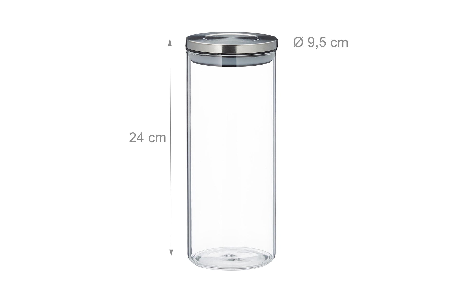 Relaxdays Vorratsdose 1,5 l, Ø 9,5 × 24 cm, Glas (Borosilikat)/Edelstahl/Silikon, transparent/silber