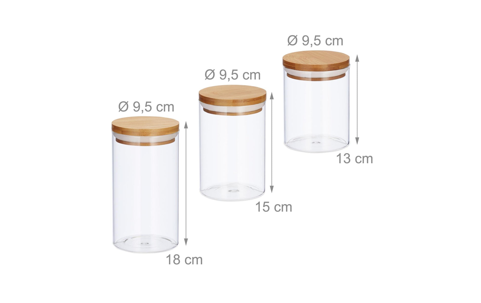 Relaxdays Vorratsdose 1 l, Ø 9,5 × 18 cm, Glas/Bambus/Silikon, Transparent/Hellbraun, 3 Stk.