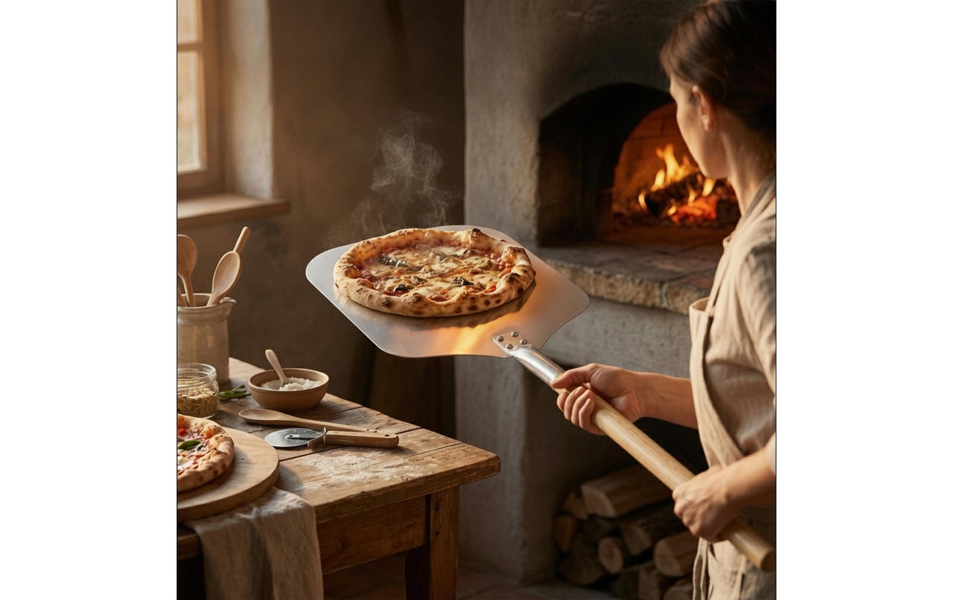 Relaxdays Pizzaschaufel 30,5 × 79 × 3 cm, Aluminium/Holz, hellbraun/silber
