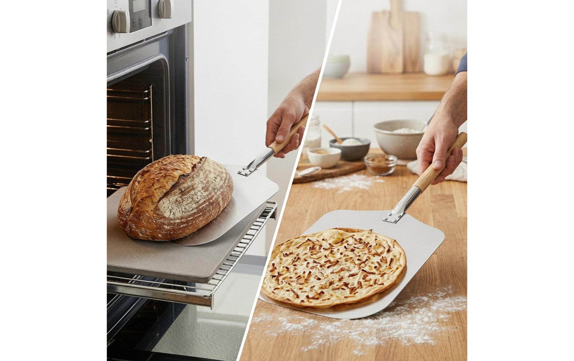Relaxdays Pizzaschaufel 30,5 × 79 × 3 cm, Aluminium/Holz, hellbraun/silber