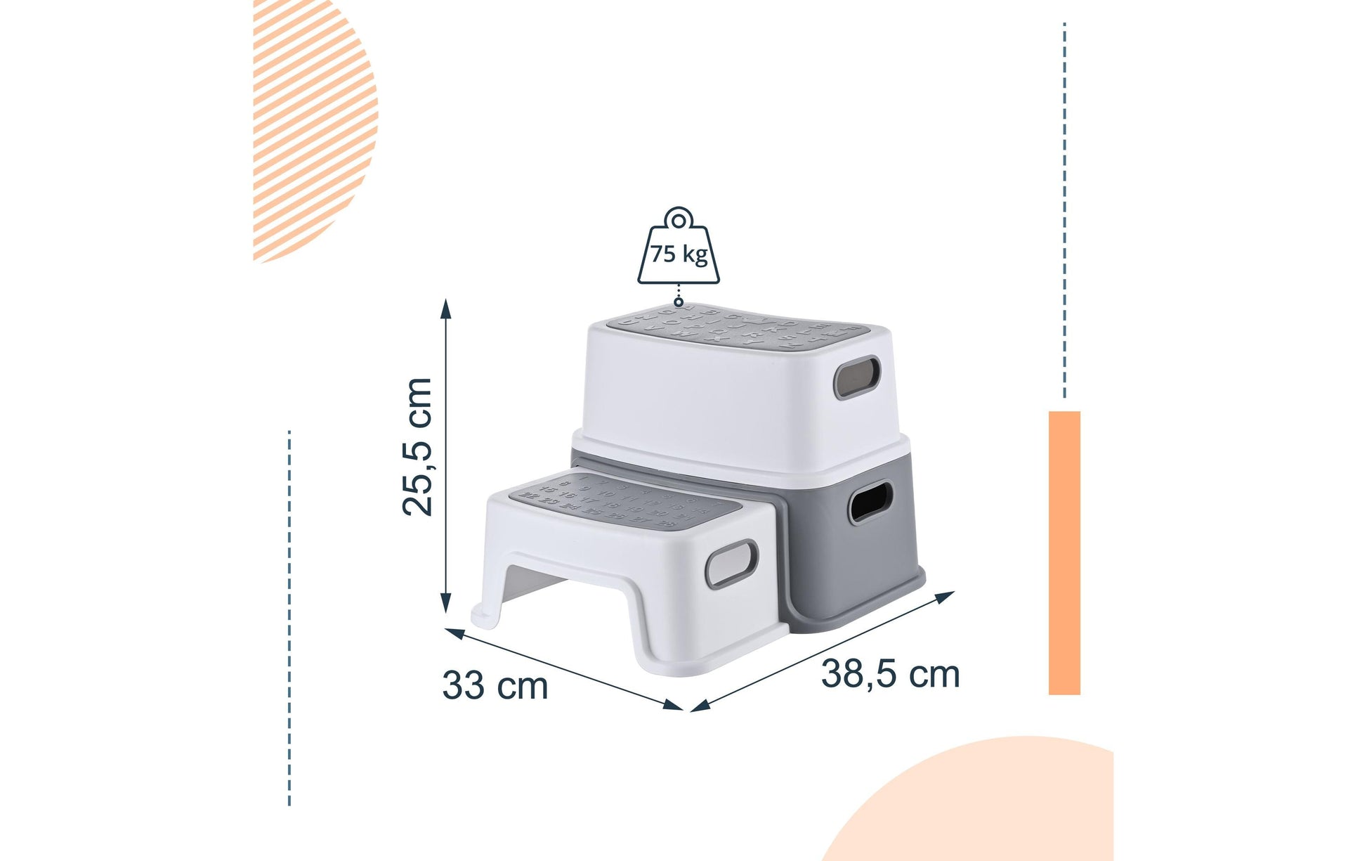 Relaxdays Tritthocker für Kinder 2 Stufen – Kunststoff (PP/TPE) – Grau/Weiss – 330 × 255 × 385 mm – 75 kg