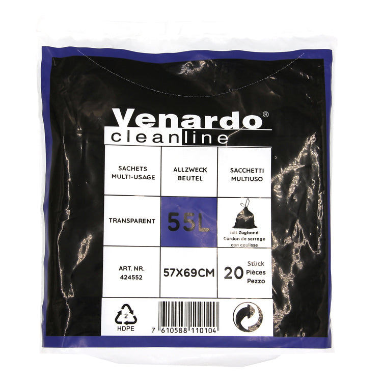 Venardo Mehrzweckbeutel – 55 l, mit Zugband, transparent, 20 Stk