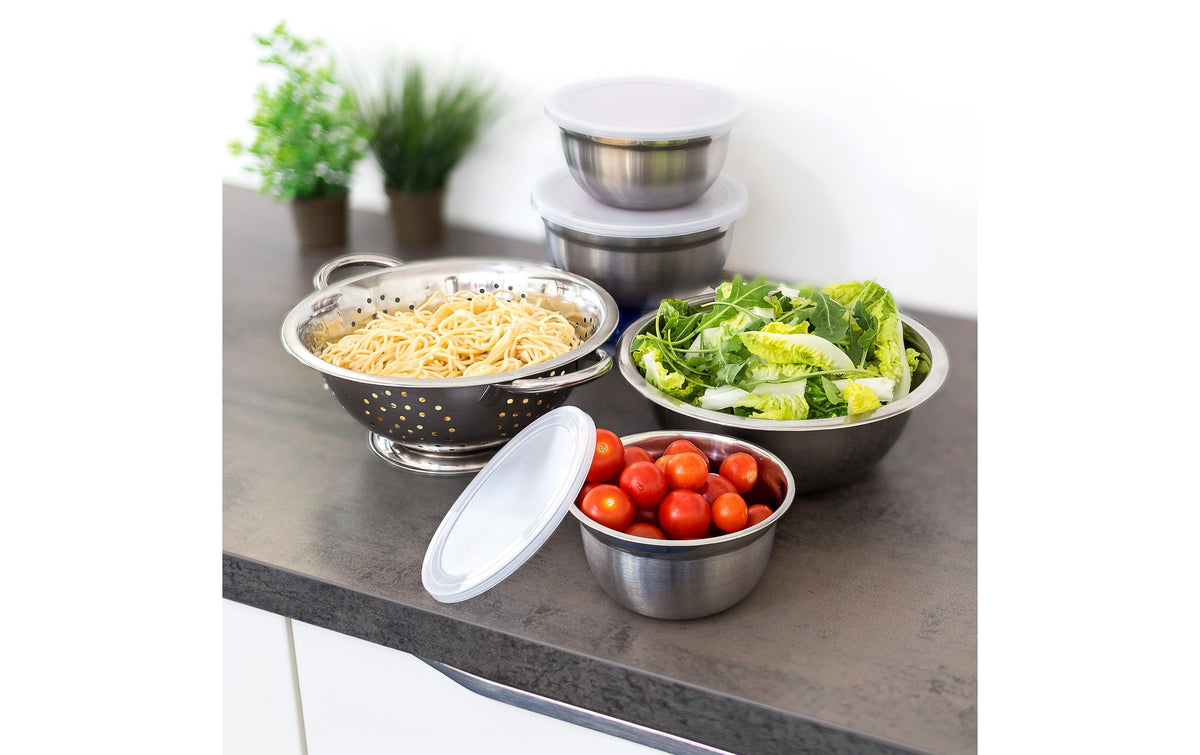 Relaxdays Schüsselset – 8-teiliges Set, Ø 24 cm, Edelstahl/Kunststoff, Silber, spülmaschinenfest