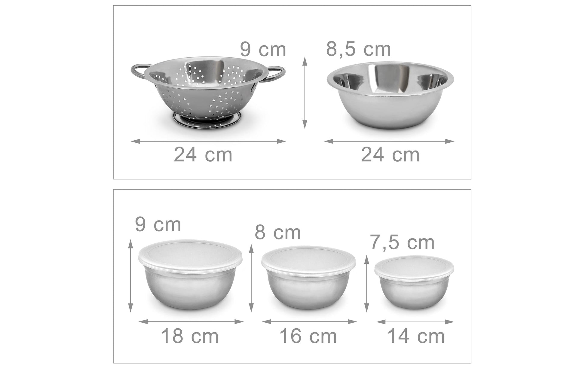 Relaxdays Schüsselset – 8-teiliges Set, Ø 24 cm, Edelstahl/Kunststoff, Silber, spülmaschinenfest