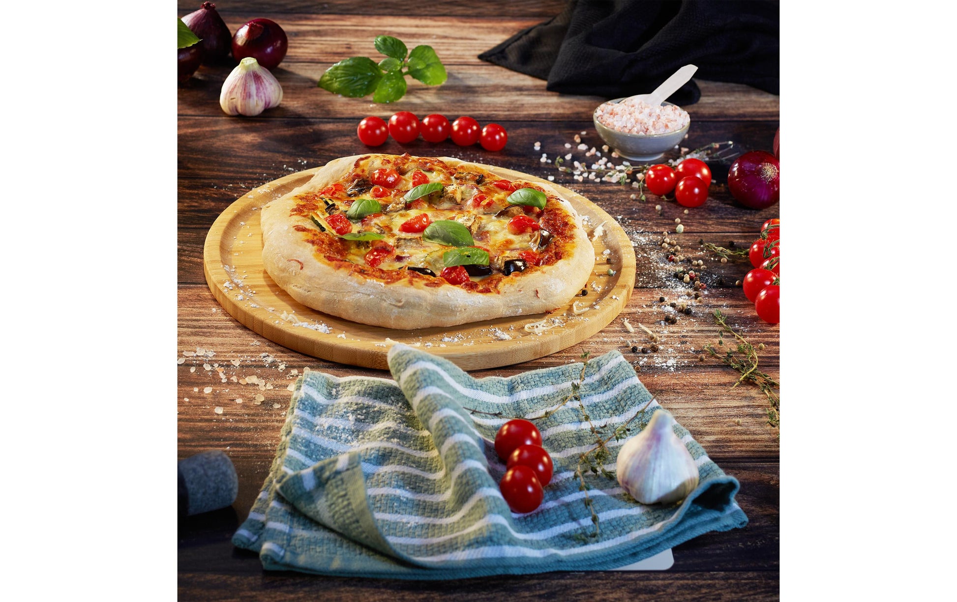 Relaxdays Pizzateller – 4er Set, Ø 32 cm, Bambus, Hellbraun