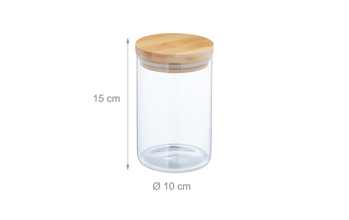 Relaxdays Vorratsdose 800 ml, Ø 10 × 15 cm, Glas/Bambus/Silikon, 3er-Set, Transparent/Hellbraun