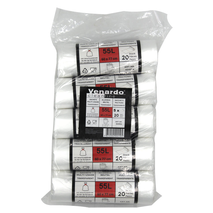 NoName Mehrzweckbeutel – 55 l, HDPE, transparent, 12 µm, 570 × 690 mm, 20 Stk