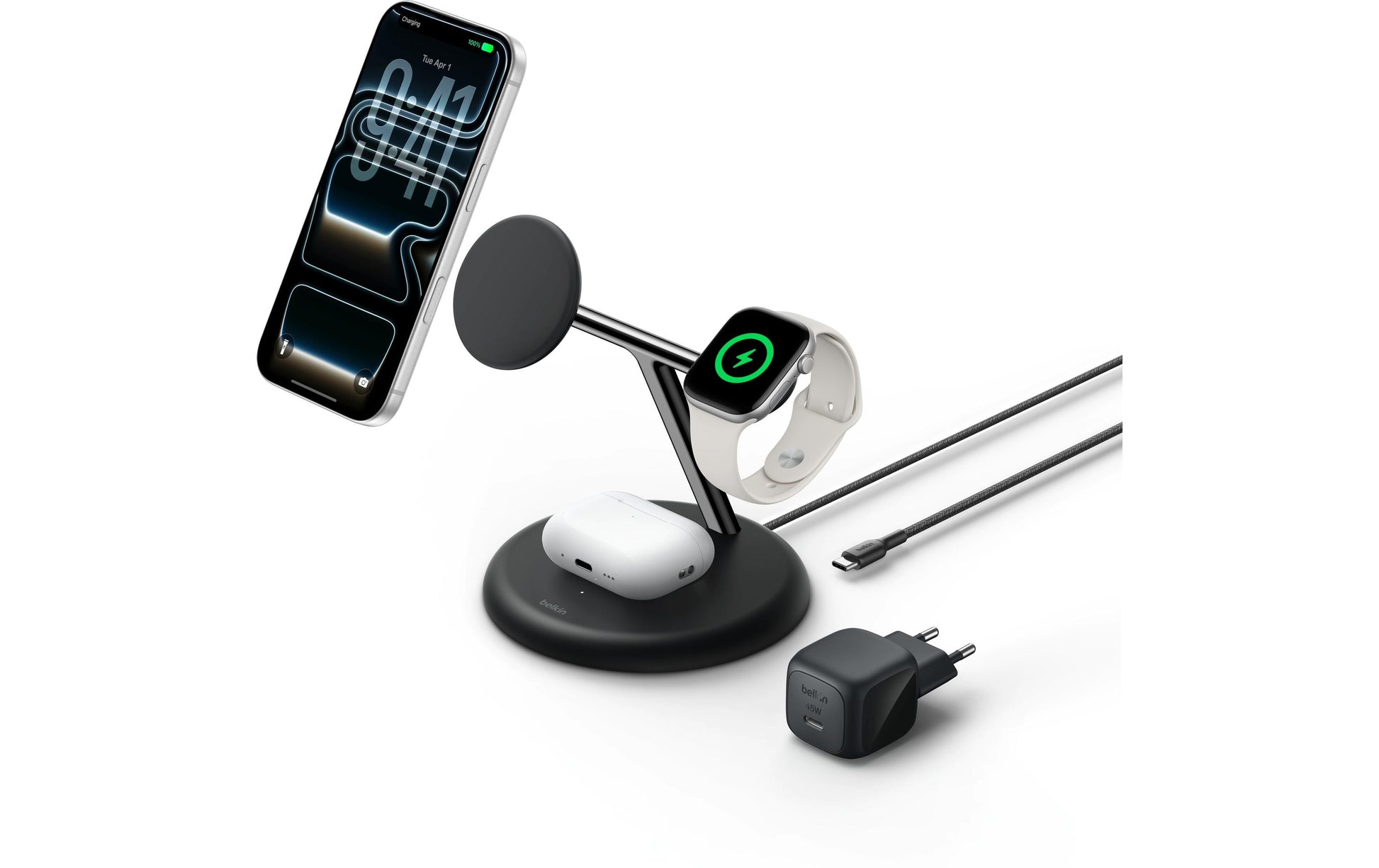 Belkin UltraCharge 3-in-1 Ladeständer – Qi2 – 25 W – Schwarz