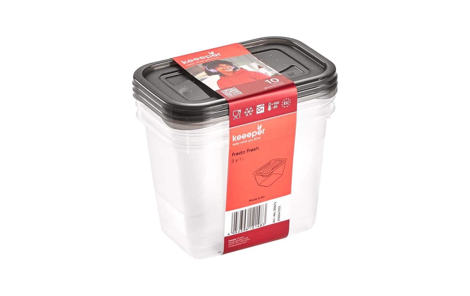 keeeper Vorratsdose 1 l, 10,5 × 15,5 × 11,5 cm, Polypropylen (PP), 3er-Set, Transparent/Grau
