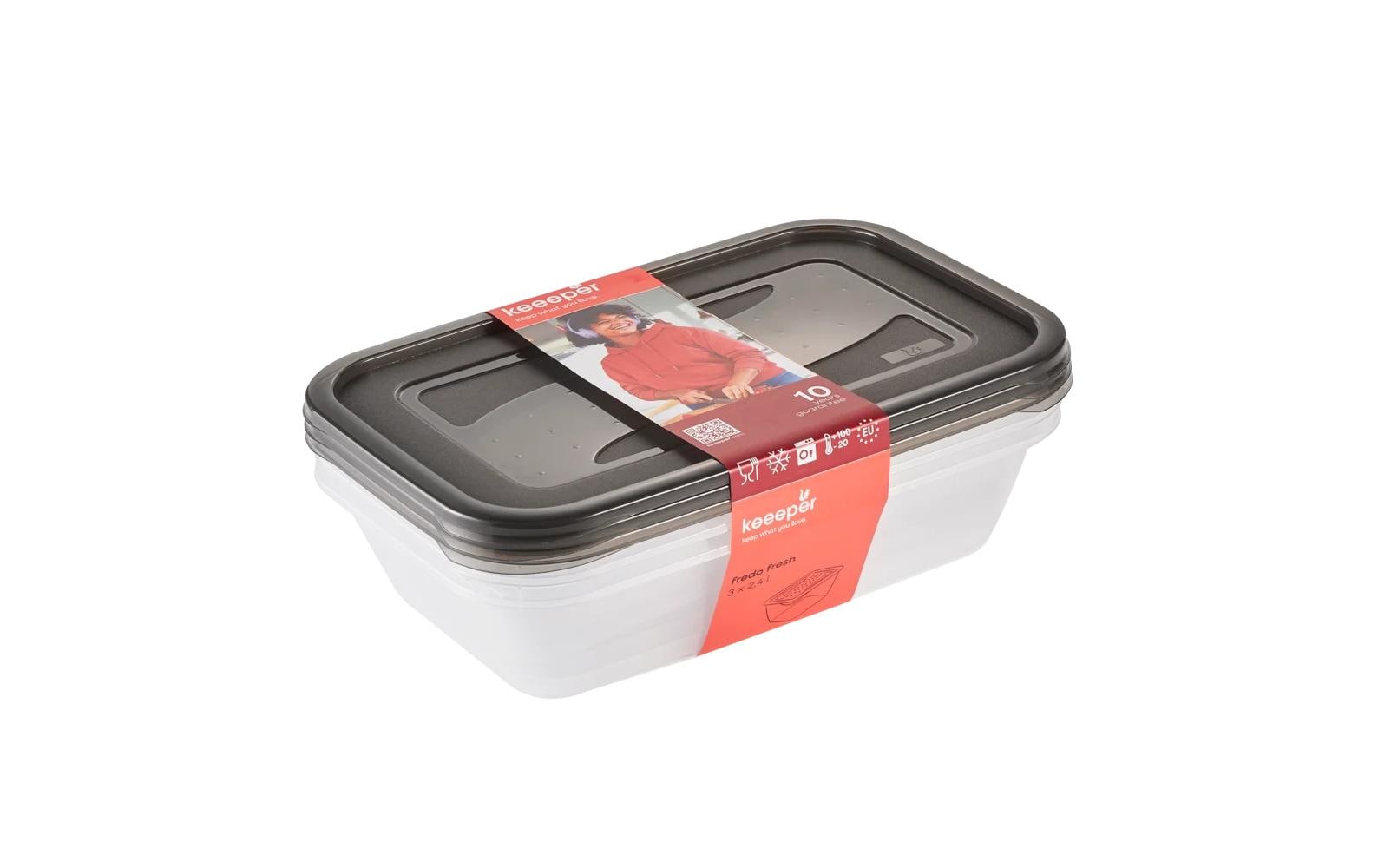 keeeper Fredo Fresh – Vorratsdose 2,4 l, 19 × 29 × 7 cm, Polypropylen (PP), 3er-Set, Grau/Transparent