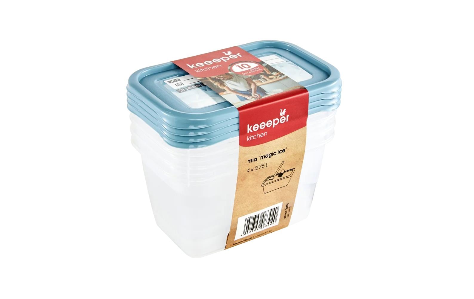 keeeper Vorratsdose 750 ml, 15,5 × 10,5 × 8,5 cm, Polypropylen (PP), Transparent/Blau, 4er-Set