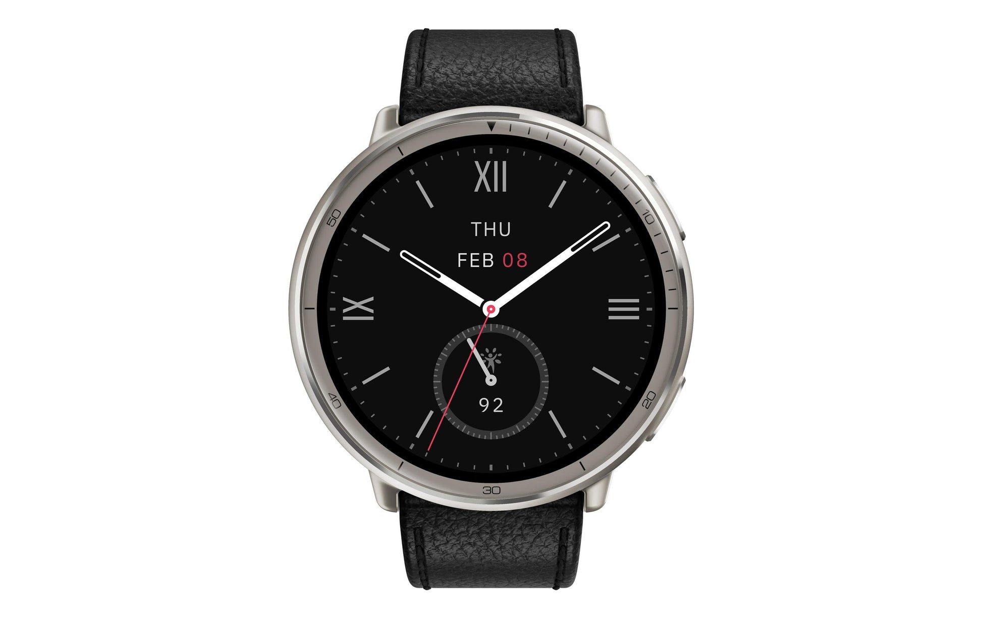 Amazfit Active 2 44 mm GPS – Edelstahl Silber, Lederband Schwarz, 50 m, für iPhone