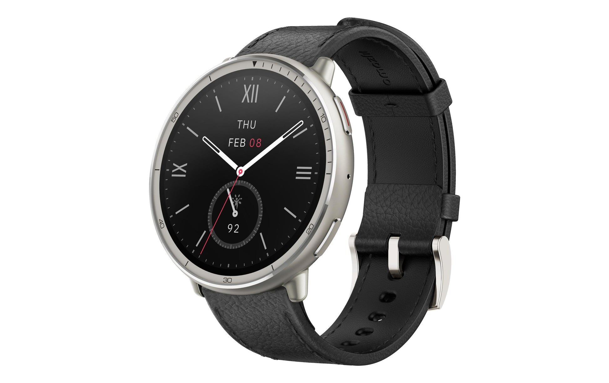 Amazfit Active 2 44 mm GPS – Edelstahl Silber, Lederband Schwarz, 50 m, für iPhone