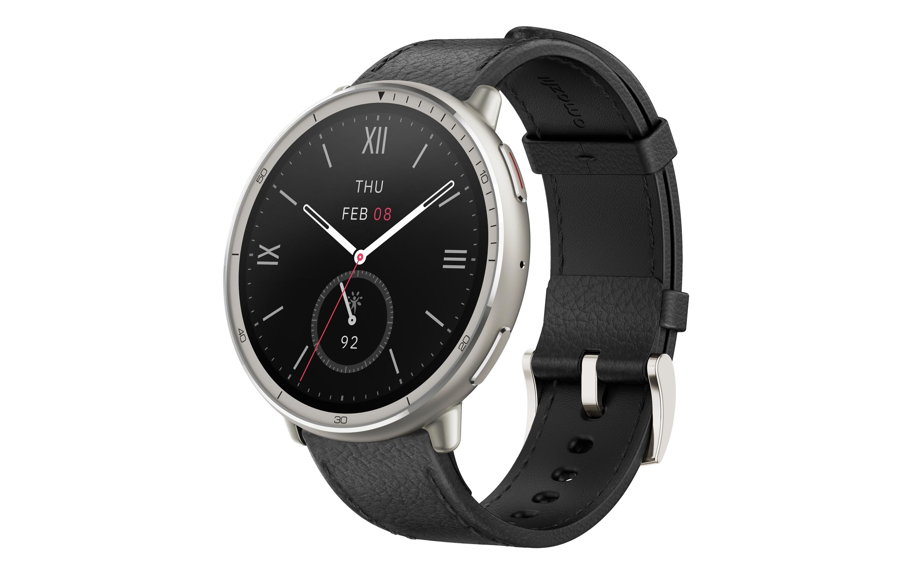 Amazfit Active 2 44 mm GPS – Edelstahl Silber, Lederband Schwarz, 50 m, für iPhone
