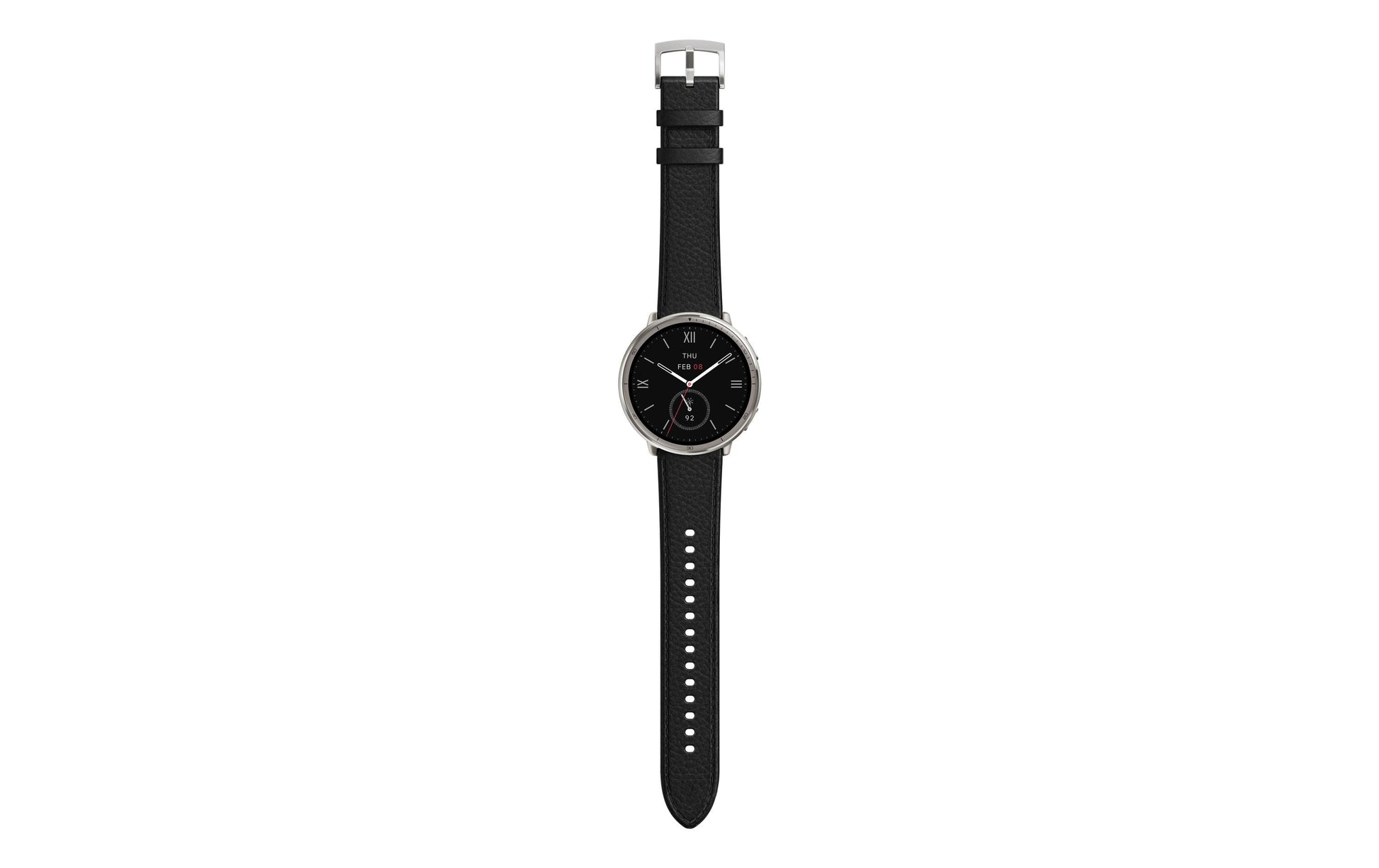 Amazfit Active 2 44 mm GPS – Edelstahl Silber, Lederband Schwarz, 50 m, für iPhone
