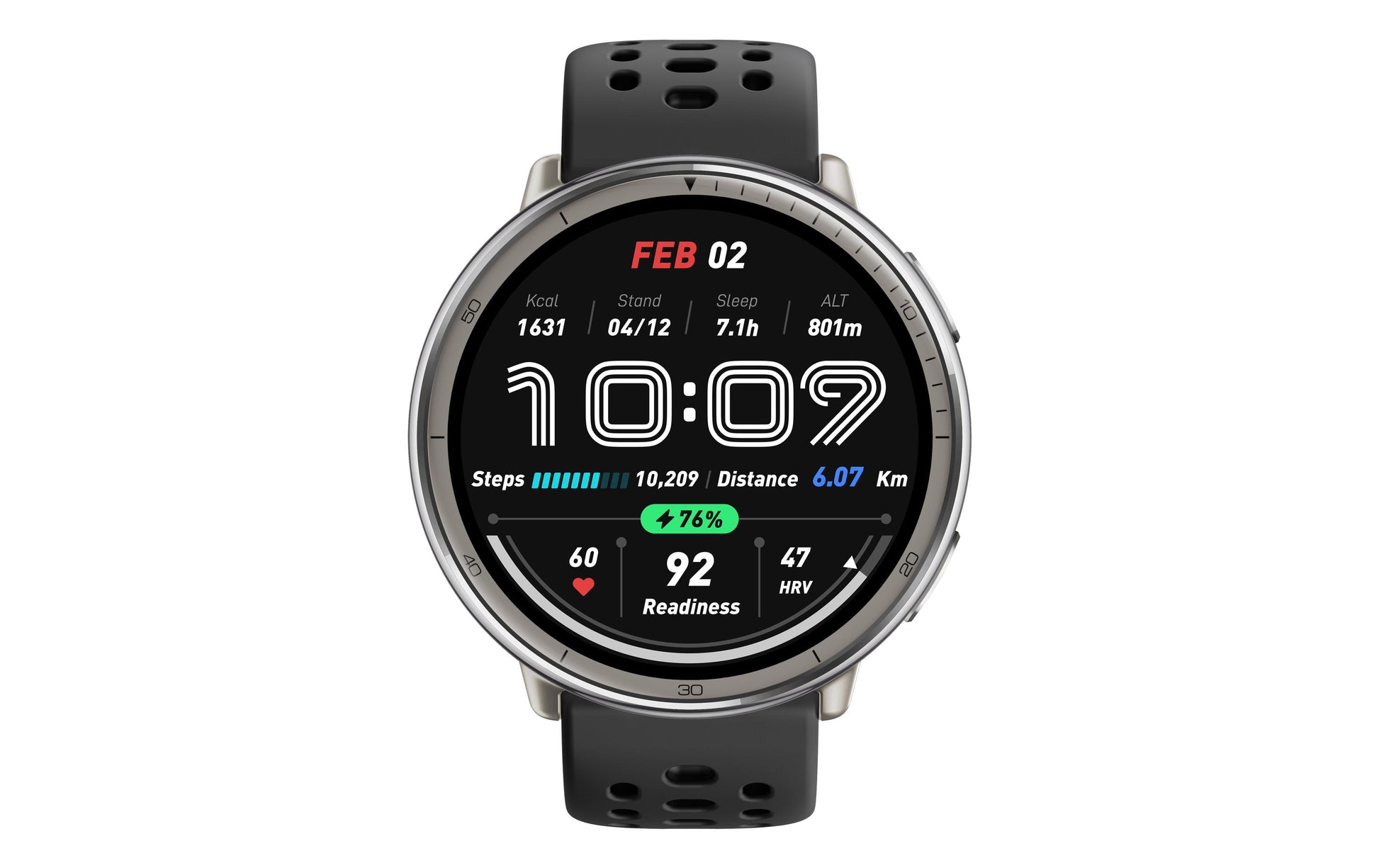 Amazfit Active 2 44 mm GPS – Edelstahl Silber, Lederband Schwarz, 50 m, für iPhone