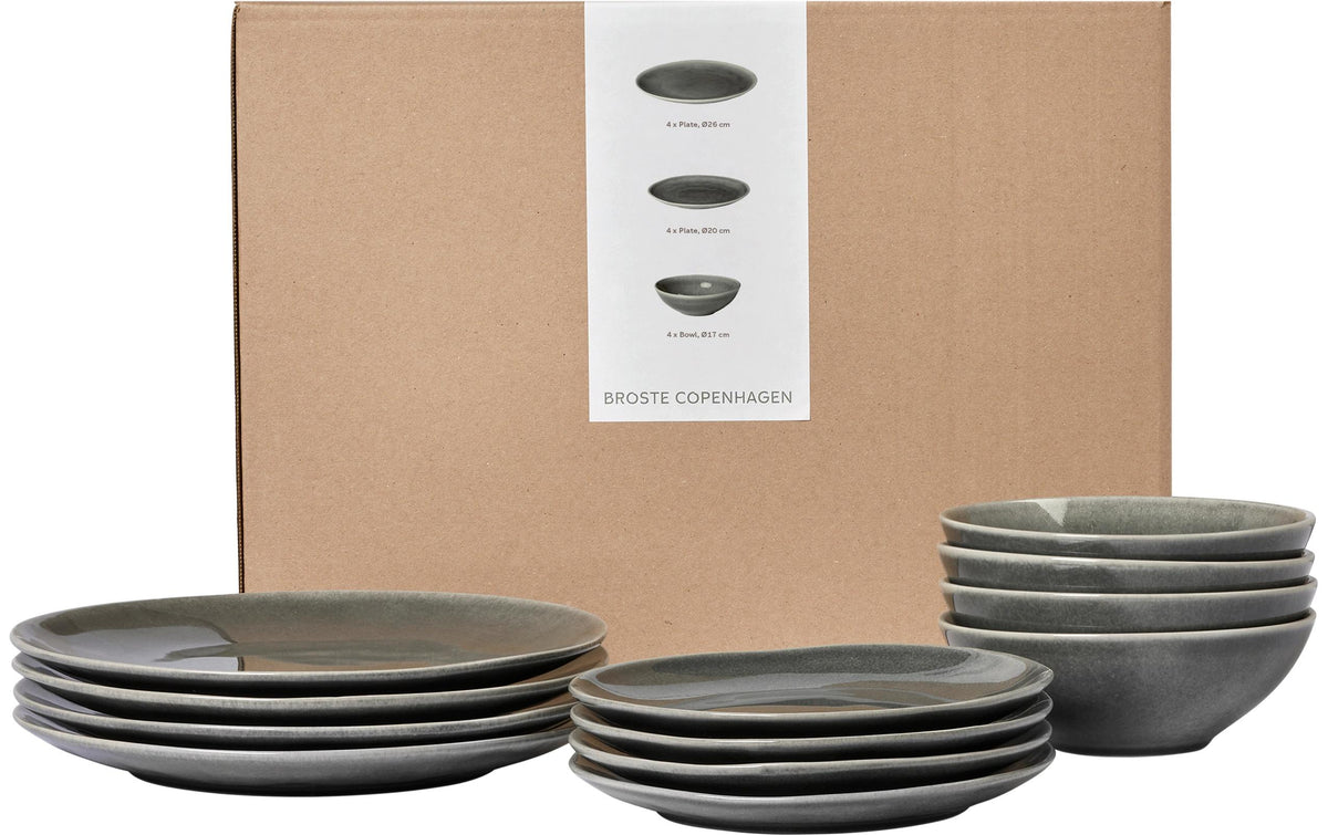 Broste Copenhagen Geschirrset Nordic Rain – 12-teiliges Set, Ø 26 cm, Steingut, Blau/Grau, spülmaschinenfest