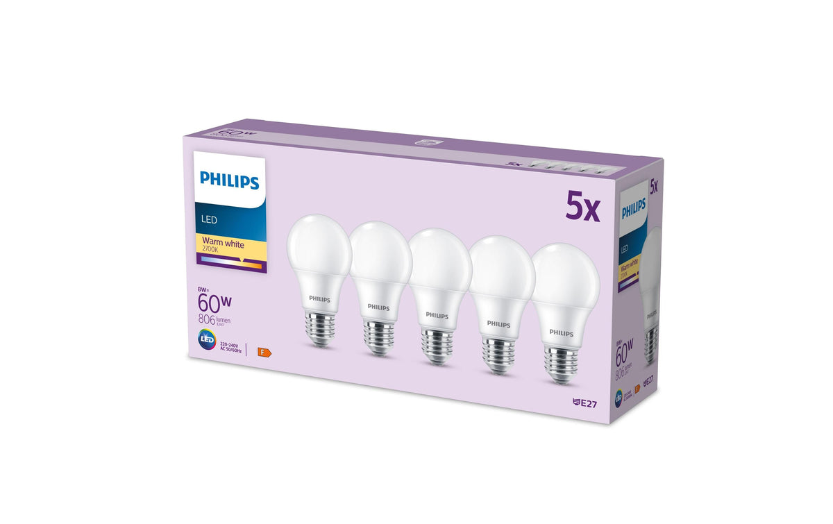 Philips by Signify Philips Leuchtmittel E27 A60 – 806 lm, 8 W, Warmweiss 2700 K – IP20 – 5 Stk. – Weiss/Kunststoff