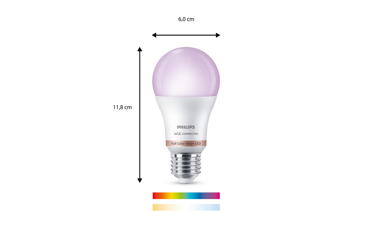 Philips by Signify Philips Smart-Leuchtmittel E27 A60 – RGB+CCT, 806 lm, 9 W, WLAN/Bluetooth – für WiZ – IP20 – 1 Stk. – Weiss