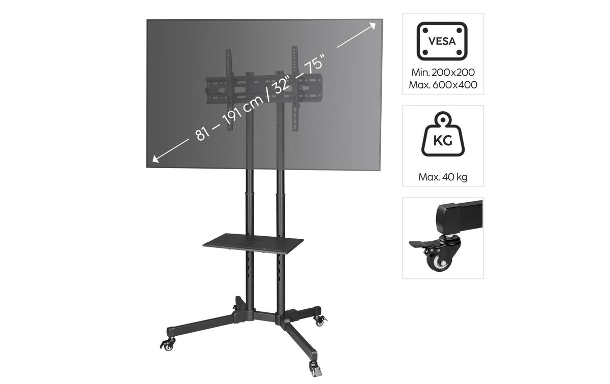 Hama TV-Wagen – 32–75" – VESA 200×200–600×400 – bis 50 kg, Höhenverstellbar, mit Rollen – Schwarz
