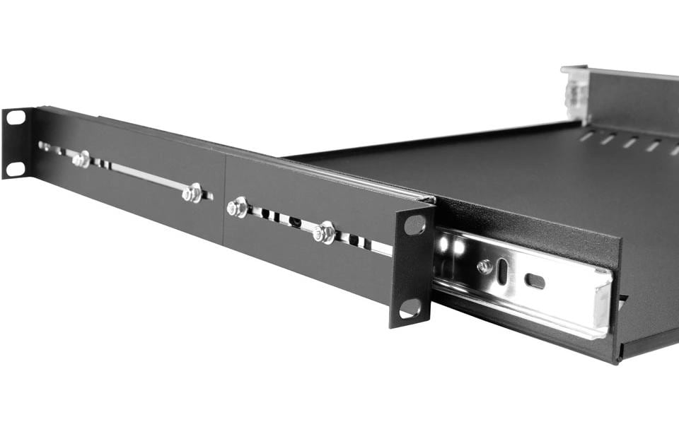 Adam Hall 87556 – Rack-Tray 1U, ausziehbar, 25 kg Belastbarkeit, Tiefe 480 mm, Stahl, Schwarz