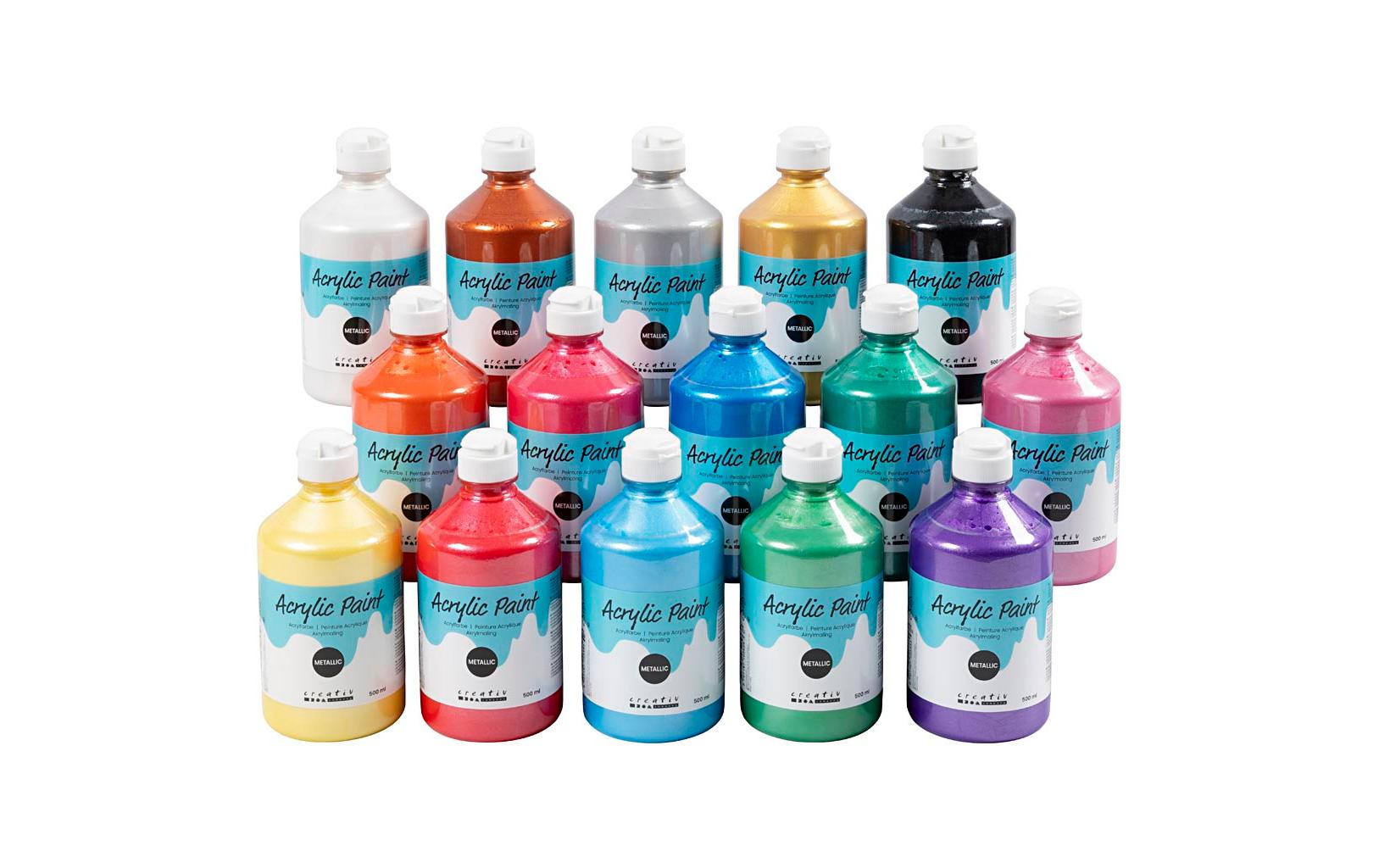 Creativ company Acrylfarbe, Plakatfarbe – Mehrfarbig, Metallic, halbdeckend – 15×500 ml – für Papier, Karton