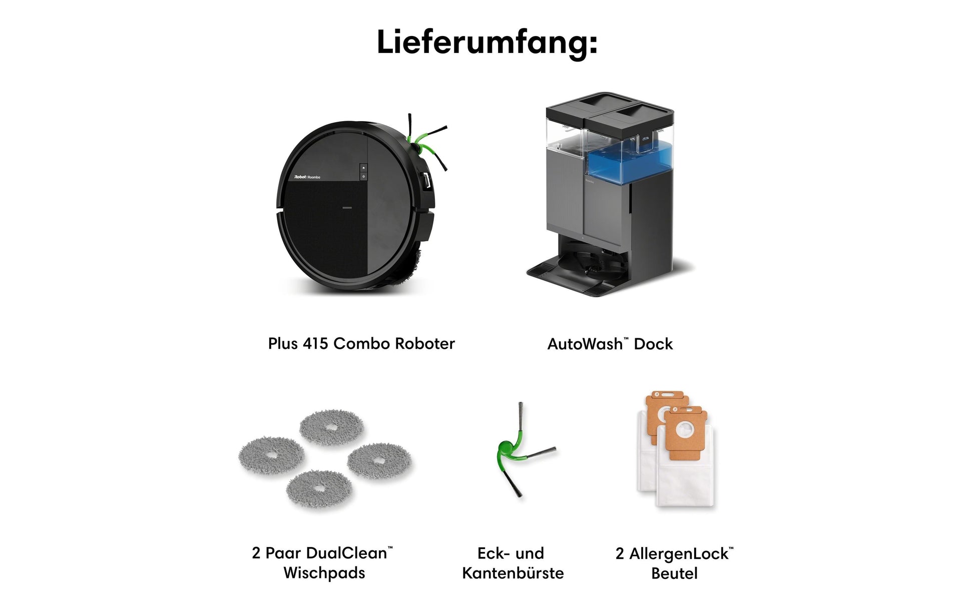 iRobot Saugroboter Roomba Plus 415 Combo Dock mit Absaugstation und Wischfunktion – 300 min, 83 mm, 0,18 l