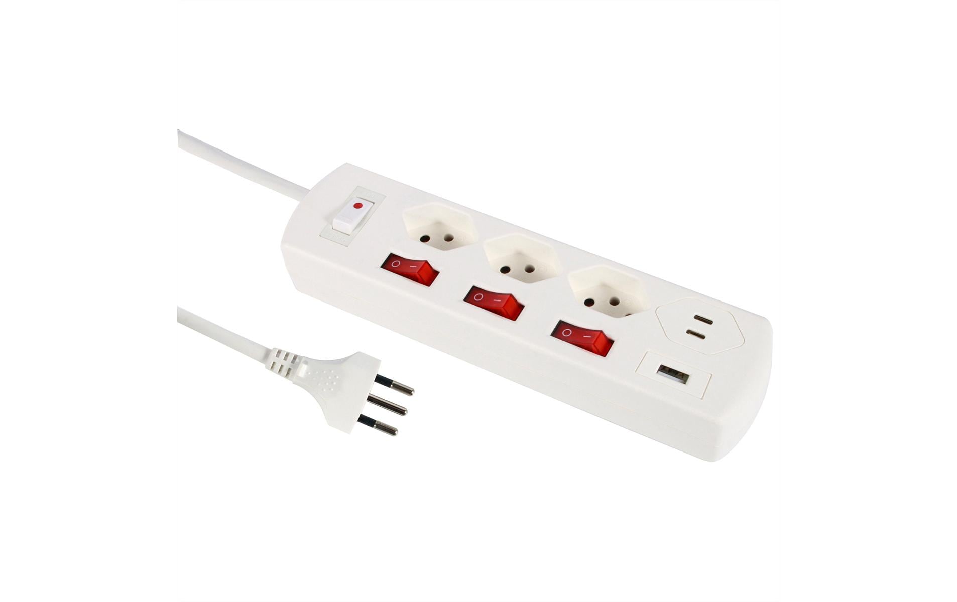 M. Schönenberger Schönenberger Fix-Line Steckdosenleiste T13×3 – USB‑C×2, USB‑A×1 – 2 m Kabel