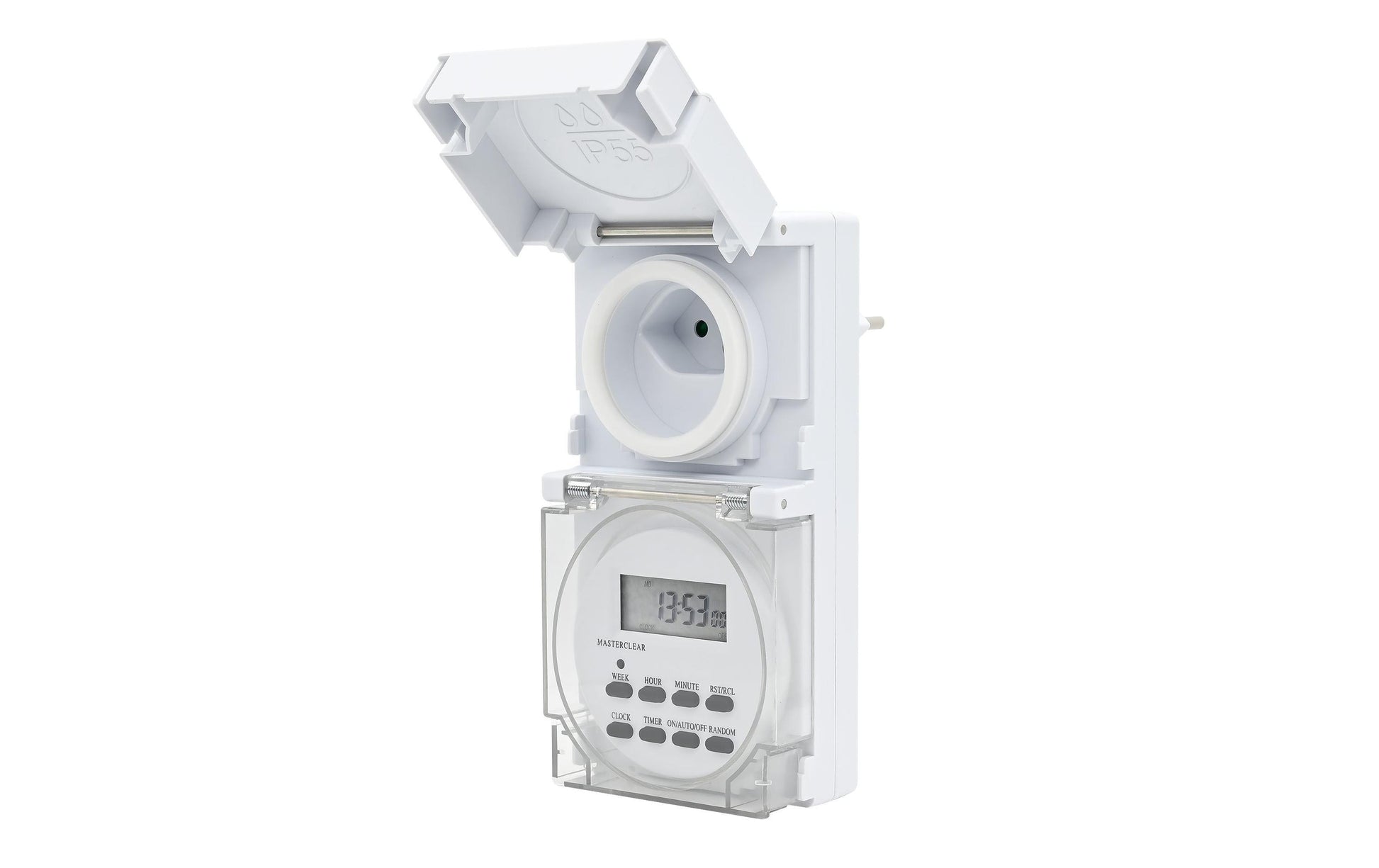 M. Schönenberger Schönenberger Digitale Zeitschaltuhr (DIN-Schiene) – IP55, 230 V, 10 Schaltpunkte, Steckdose – Weiss