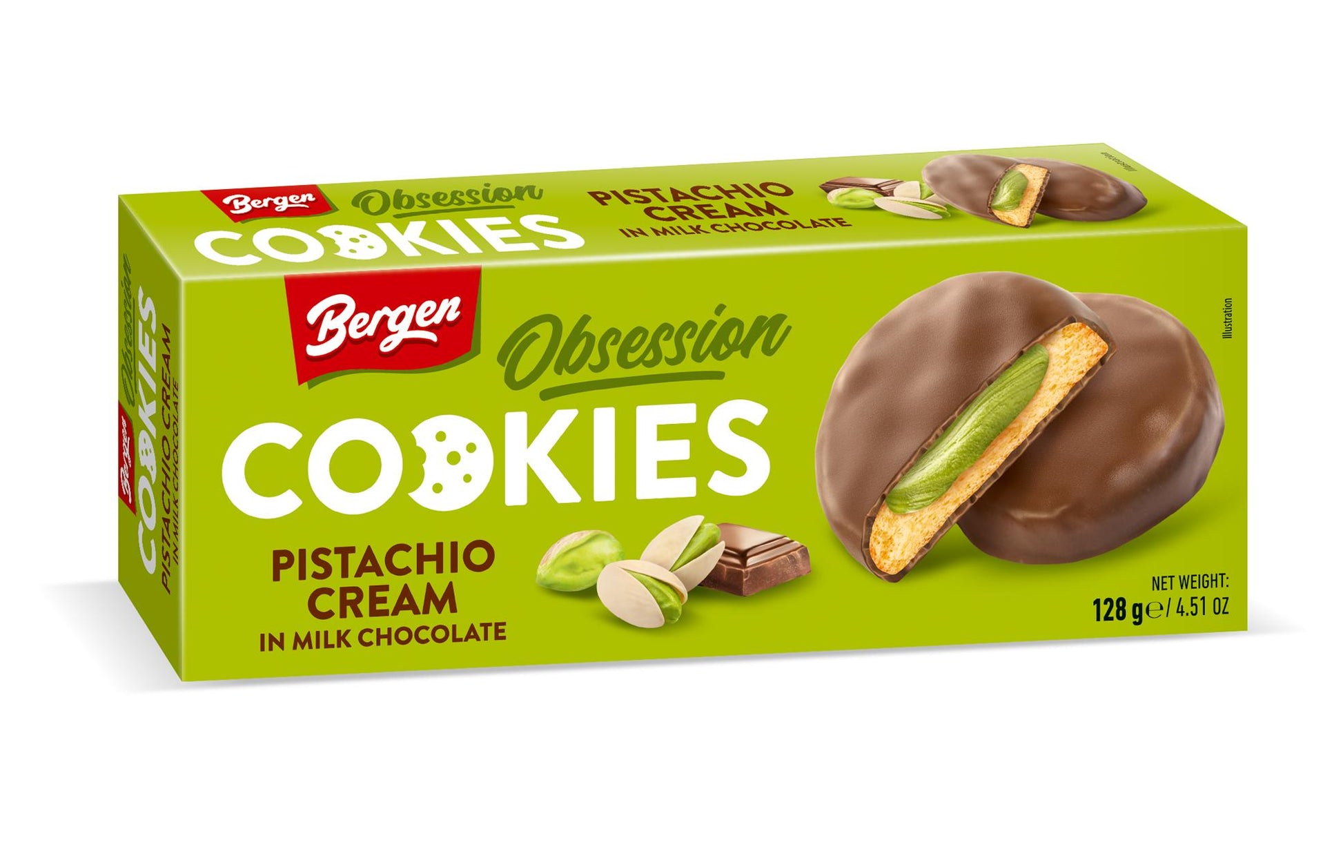 Bergen Obsession Cookies – Pistaziencreme in Milchschokolade – 128 g