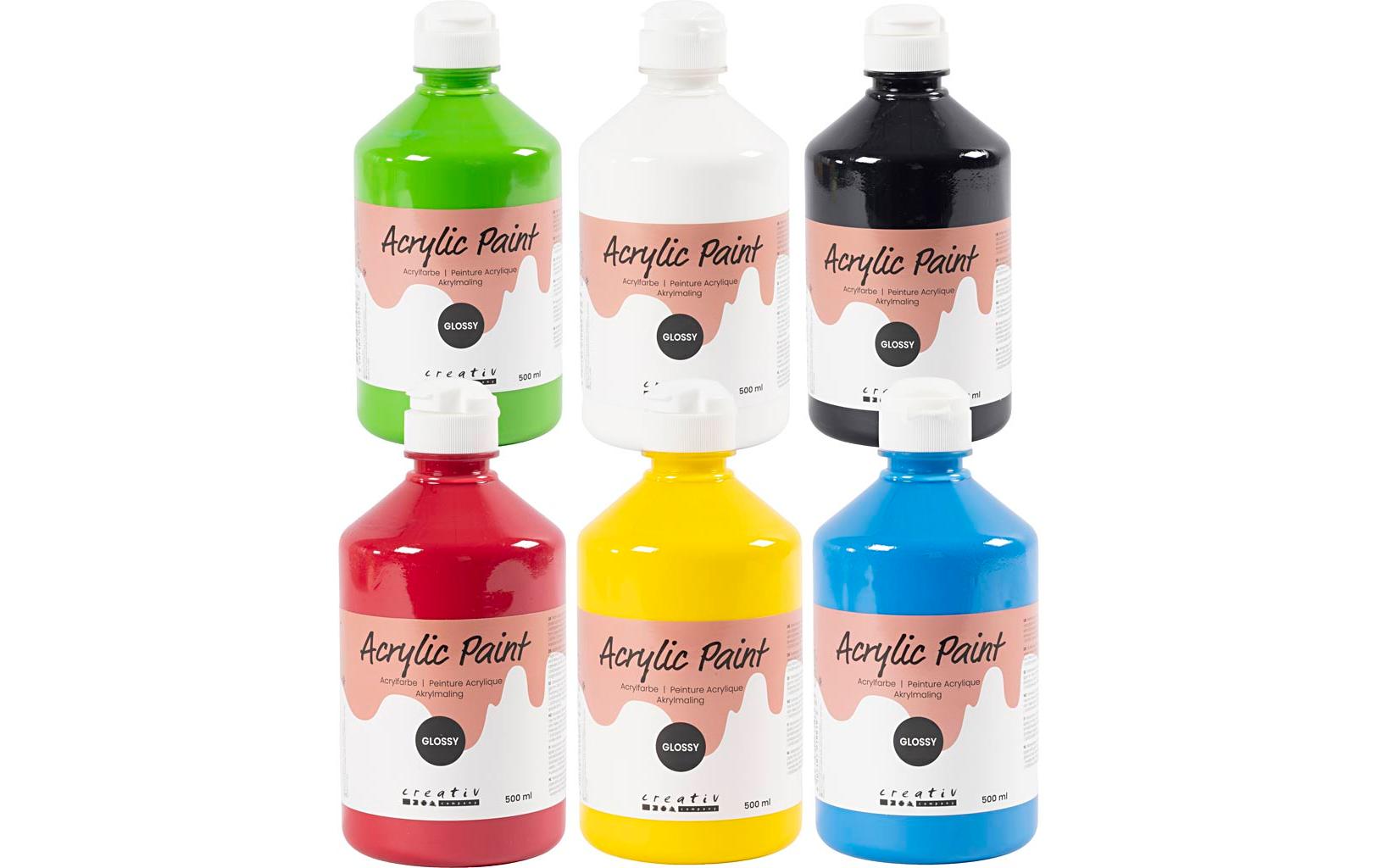 Creativ Company Acrylfarbe – Primärfarben, glänzend – 6×500 ml (3,0 l) – für Papier, Karton, Holz
