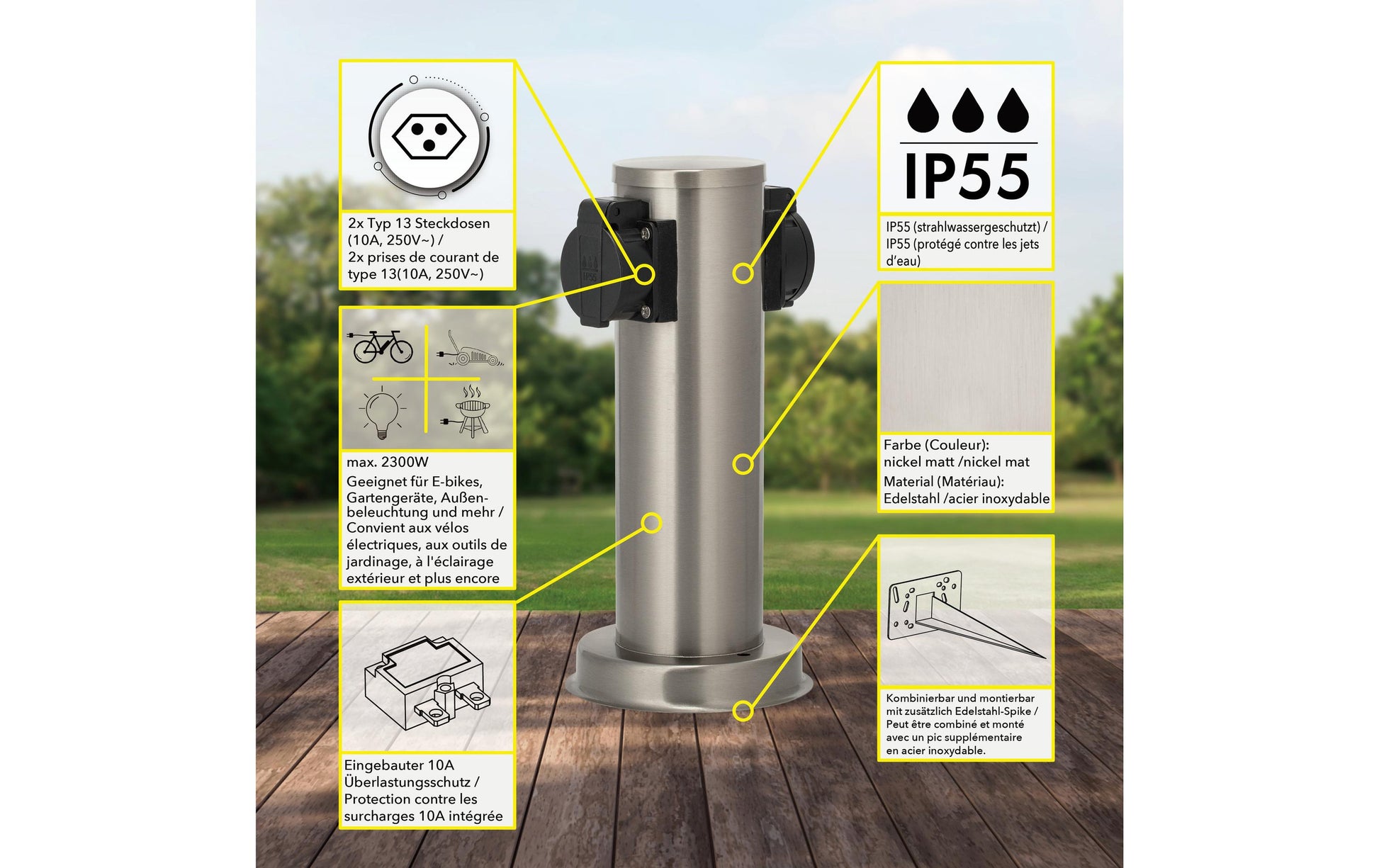 M. Schönenberger Schönenberger Gartenstromverteiler, 2×T13, IP55, Überlastschutz – Silber