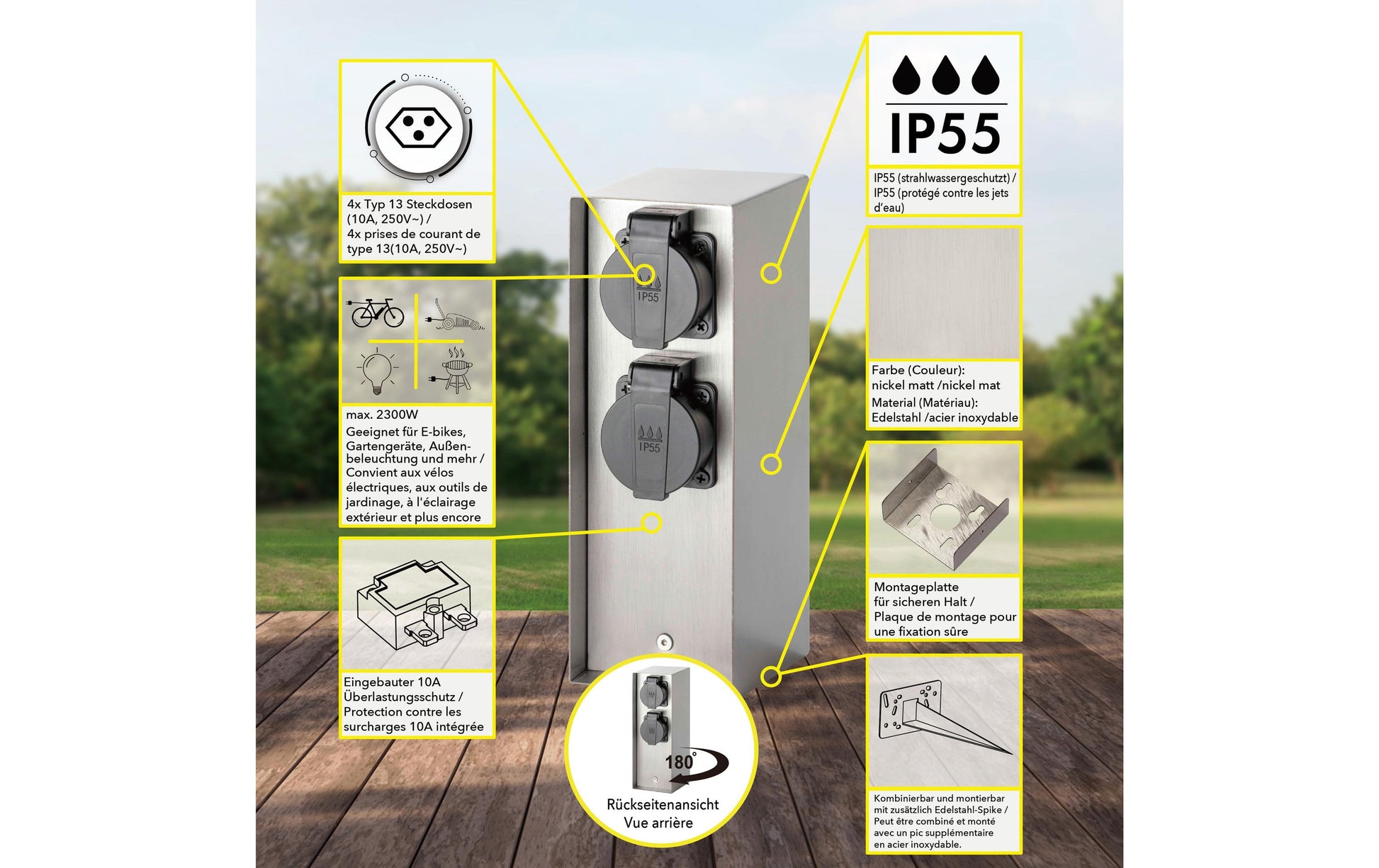 M. Schönenberger Schönenberger Gartenstromverteiler, 3×T13, IP55, Überlastschutz – Silber