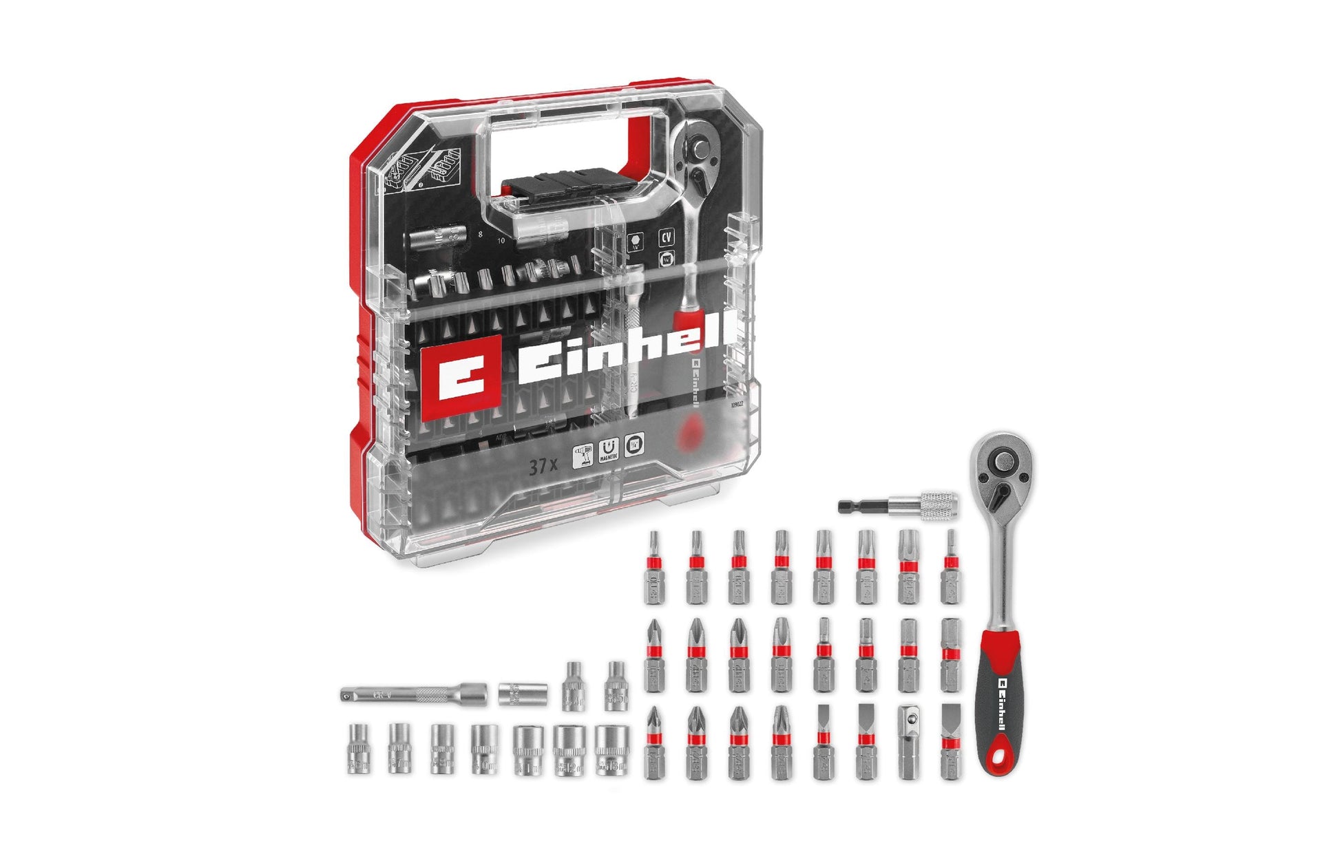 Einhell Schrauberbit-Set PH/PZ/SL/TX/HEX, 37-teilig, mit Ratsche, für Akkuschrauber, Bohrmaschinen, Box