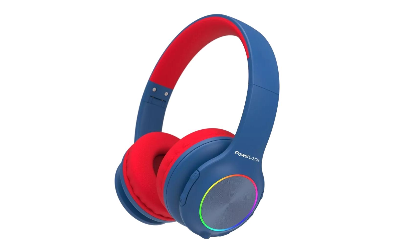 PowerLocus PLED Kinderkopfhörer – On-Ear, BT 5.3, USB-C, LED-Lichtshow, Lautstärkebegrenzung, Blau/Rot