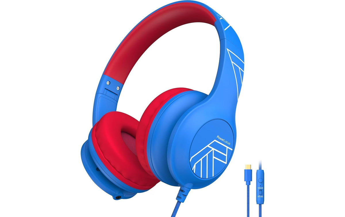 Powerlocus PLED Kinderkopfhörer – Over-Ear, Kabelgebunden (USB-C), Lautstärkebegrenzung, Blau/Rot