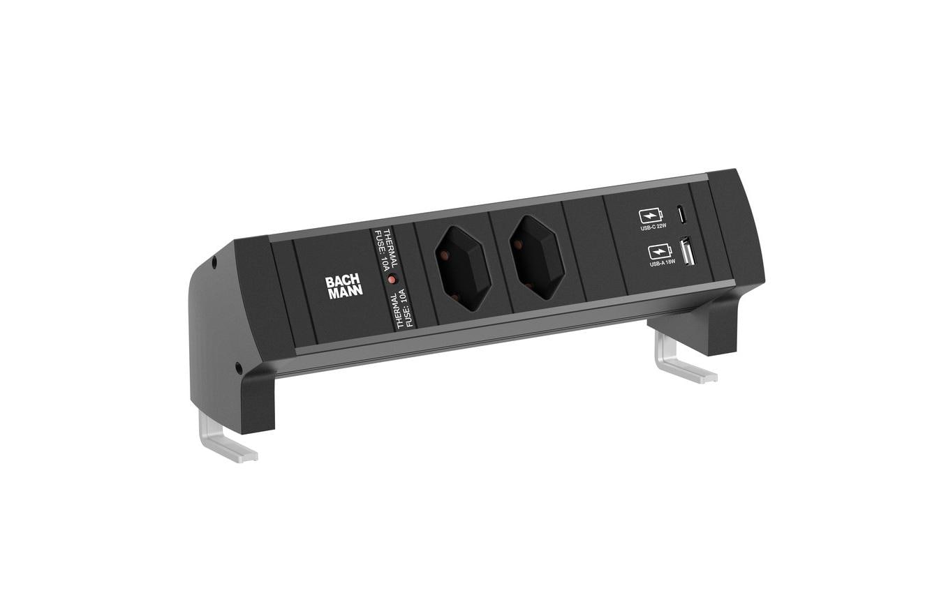 Bachmann DESK STYLE Tischsteckdosenleiste, 2×T13, 1×USB-C 22 W, 2 m, Kindersicherung, ohne Schalter – Lampenschwarz