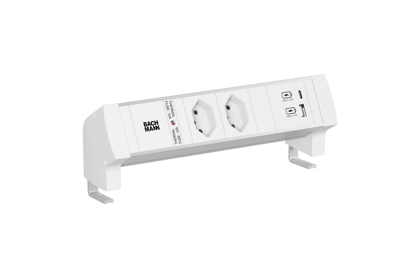 Bachmann DESK STYLE Steckdosenleiste, 2×T13, 1×USB‑A/‑C 22 W, mit Schalter, 2 m, Eingang T12 – grau